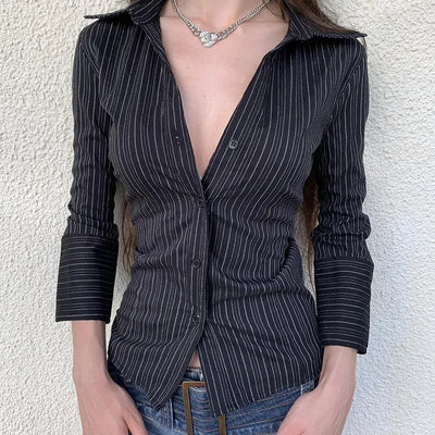 Chic Elegant Striped Button-up Shirt Black Casual Basic Women Slim-fitting Blouse Vintage Turn-down Collar Long Sleeve Tops