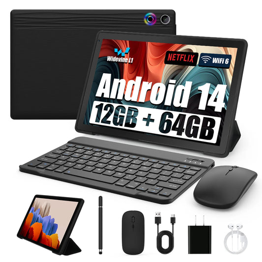 URAO 10 Inch Tablet Android 12GB(3+9) RAM 64GB ROM IPS HD Screen with Keyboard Protective Case Mouse Stylus 8 in 1 Tablet Kit