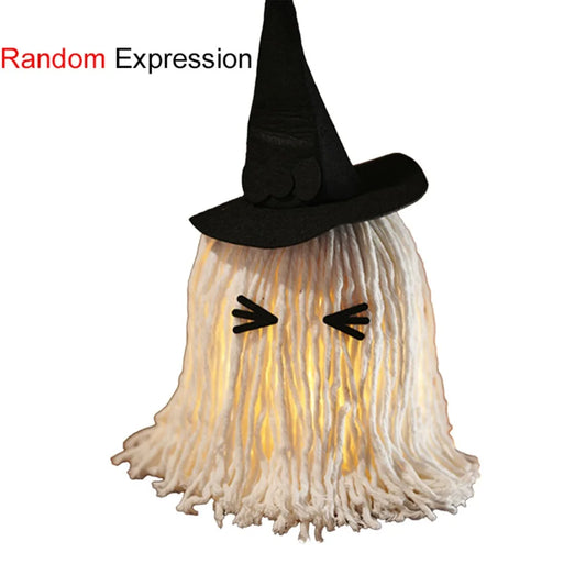 Luminous Halloween Hanging Ghost Light with Hat White Tassels Specter Ornaments DIY Expression LED Mop Head Desktop Decoration