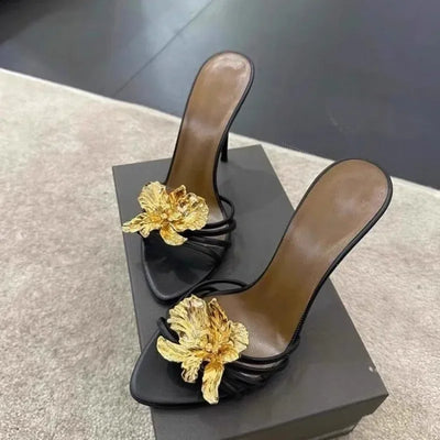 High-heeled Sandals for Women Fashion Pointed Head Shallow Mouth Crystal Flower Set Foot Anti-slip Wear Slippers