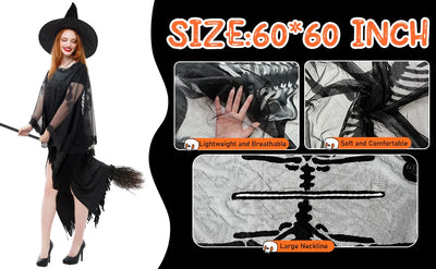 OurWarm 60 x 60 In Halloween Cape White/Black Skull Women Cape,Halloween Skeleton Cape Day of The Dead Costumes Halloween Decor