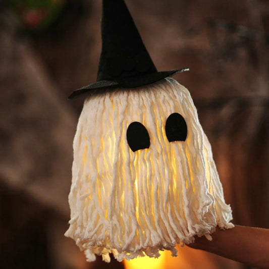 Luminous Halloween Hanging Ghost Light with Hat White Tassels Specter Ornaments DIY Expression LED Mop Head Desktop Decoration