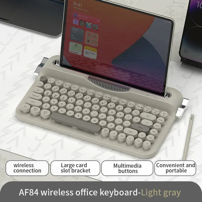 AJAZZ AF84 Wireless Bluetooth Keyboard 84 Keycaps Round Retro Keys Typewriter Office Keyboards W/ Bracket for IPad Membrane Use
