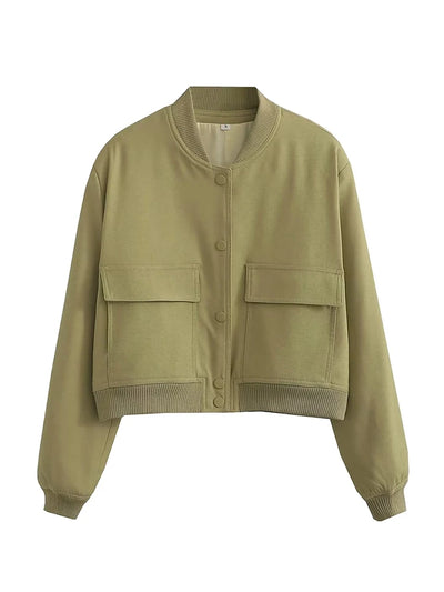 TRAF Women's Bomber Jacket Long Sleeve Coat with Pockets Retro Front Button Jacket Elegant High Street Jacket New Jacket Tops