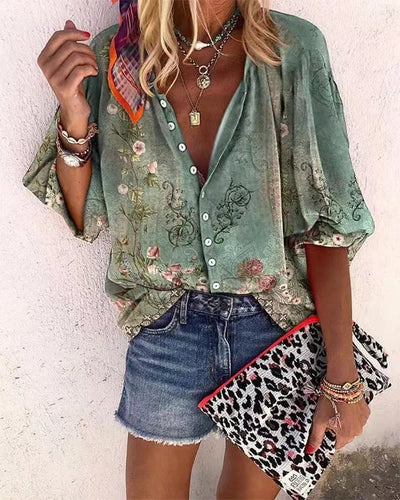 Women's Shirts & Blouses Spring Summer New Fashion Vintage Printed Casual Vacation Bohemian Style Lady Single-breasted Shirt Top