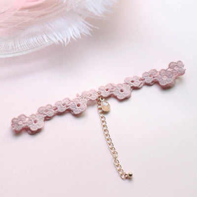 Fashion Choker Necklace For Women Lovely Pink Lace Pearl Heart Pendant Short Clavicle Necklace Aesthetic Jewelry Gift For Her