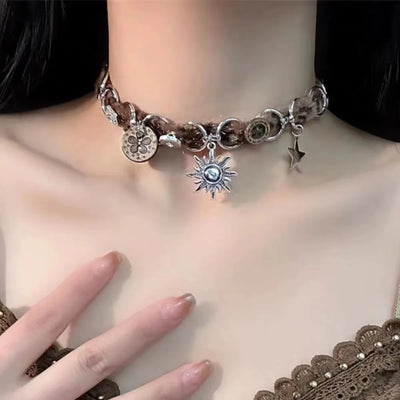 Plush Leopard Bone Necklace Choker Korean Kawaii Fashion Star Pendant Necklace Harajuku Sexy Accessories Women Y2K Jewelry Gift