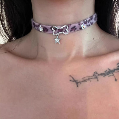 Plush Leopard Bone Necklace Choker Korean Kawaii Fashion Star Pendant Necklace Harajuku Sexy Accessories Women Y2K Jewelry Gift