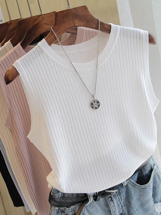 2025 Korea Knitted Vests Women Top Summer Sleeveless Blouse Women O-neck Knitted Blouse Shirt Women Clothes Women Tops