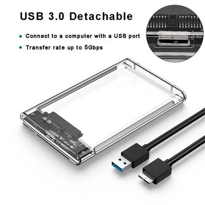 2.5'' External Hard Drive Enclosure USB 3.0 / 3.1 USB C to SATA III HDD Adapter 5Gbps Tool Free Clear External Hard Drive Case
