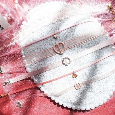 Fashion Choker Necklace For Women Lovely Pink Lace Pearl Heart Pendant Short Clavicle Necklace Aesthetic Jewelry Gift For Her