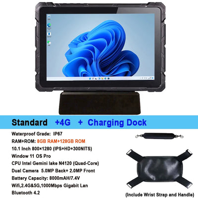 10.1 Inch Windows 11 Pro Rugged Tablet 4G LTE GPS 8GB RAM/128 GB ROM 10000mAh IP67 Handheld Waterproof Tablet