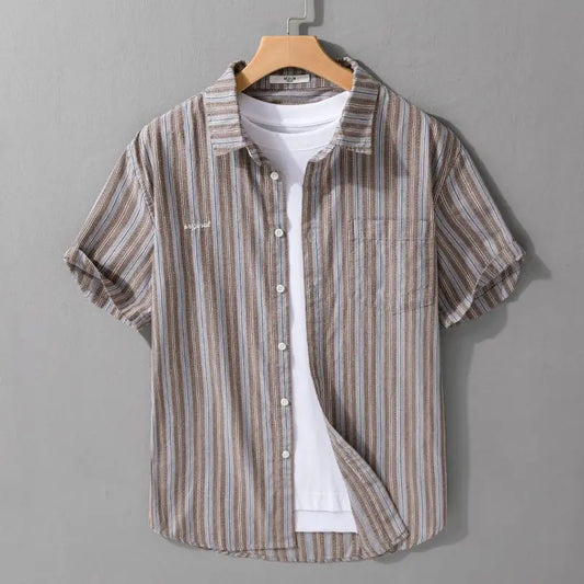 Striped Short-sleeved Shirt Men's High-end 2025 New Summer Loose Chic New Stripe Casual Business High-end Men's Shirt Trendy Top