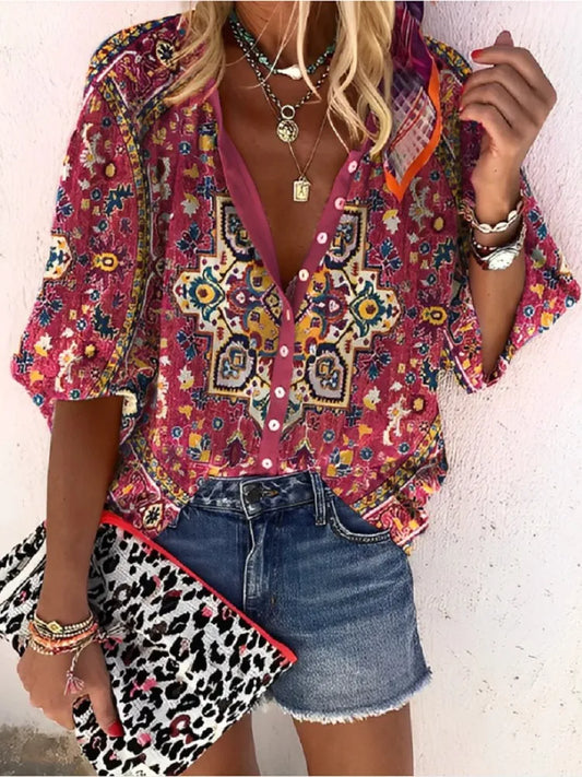 Women's Shirts & Blouses Spring Summer New Fashion Vintage Printed Casual Vacation Bohemian Style Lady Single-breasted Shirt Top