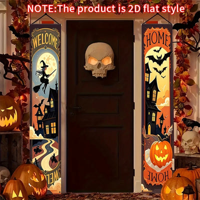 Two Halloween welcome signs - terrifying outdoor decorations featuring bats, witch hats and pumpkin lanterns