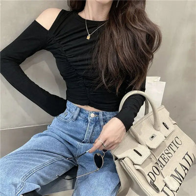 Camisetas de mujer, camisetas con hombros descubiertos, camisetas sexis lisas y ajustadas negras 2024, camisetas de tendencia de los años 2000, tops femeninos, ropa al por mayor moderna, novedad alternativa