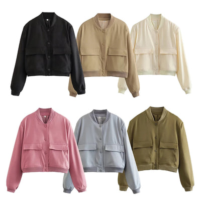 TRAF Women's Bomber Jacket Long Sleeve Coat with Pockets Retro Front Button Jacket Elegant High Street Jacket New Jacket Tops