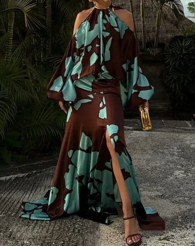 Evening Dresses  Vacation Style Elegant Socialite Printed Off Shoulder Slit Dress
