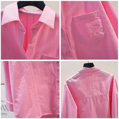 Shirt And Blouse Turn-down Neck Solid Long Sleeved Loose Women Top Casual Single Breasted Spring Simple Streetwear Pink Clothing