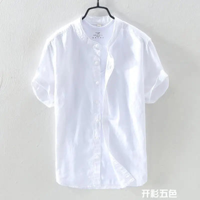 Short-sleeved Shirt Men's Stand Collar Loose Retro Thin Breathable Versatile Inch Clothes Dark Blue Cotton Linen Simple Casual