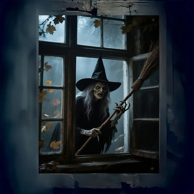 The Halloween party of the haunted house witch in the window, the witch wearing a hat and a broom emerging from the foggy window