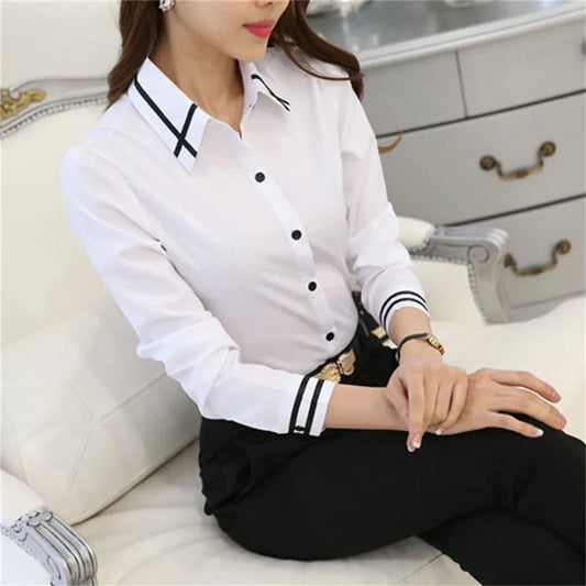 Women's Shirt For Office Formal Wear White Blue Long-sleeved Slim Blouse Fit Female Shirt Turn-down Collar Solid Color Tops