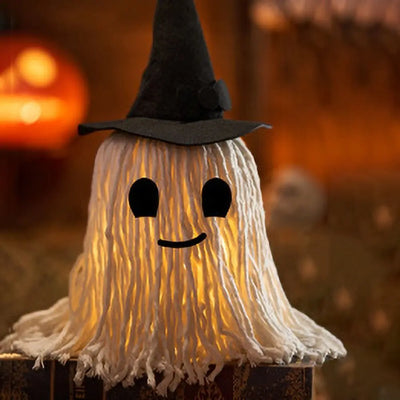 Luminous Halloween Hanging Ghost Light LED White Tassels Specter Ornaments with Hat DIY Expression Mop Head Desktop Decoration