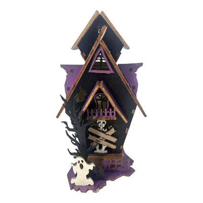 3D Wooden Halloween Puzzle DIY Haunted House Kit with Light-up Ghosts Halloween Party Centerpiece Interactive Decoration
