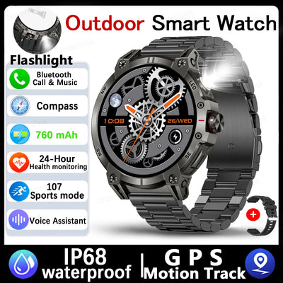 Military Smart Watch Men 760mAh Large Battery LED Flashlight Compass 1.8