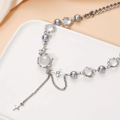 Women Thorn Desin Choker Necklace Fairy Glass Opal Necklace Collarbone Chain Necklace Elegant Silver-Color Party Choker