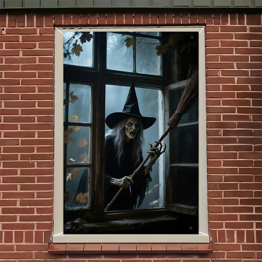 The Halloween party of the haunted house witch in the window, the witch wearing a hat and a broom emerging from the foggy window