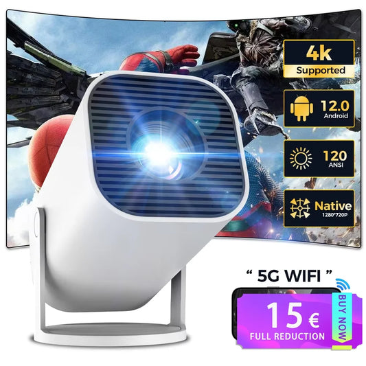 Smart Mini Projector 4K Android 12.0 720P Native 1280*720P Dual WIFI6 BT5.0 Outdoor Portable 180°Rotable Cinema Beam Projector