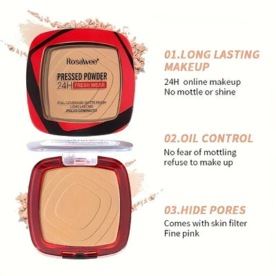 Matte Full Coverage Pressed Powder Foundation With Puff Applicator, 24H Fresh Wear Matte Weightless Finishing Powder Makeup