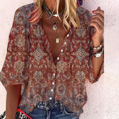 Women's Shirts & Blouses Spring Summer New Fashion Vintage Printed Casual Vacation Bohemian Style Lady Single-breasted Shirt Top