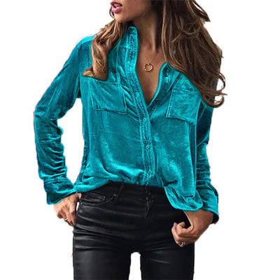 Shirt for Women 2023 Autumn Velvet Shirt Women Button Up Velour Shirt Ladies Pocket Winter Long Sleeve рубашка оверсайз женская