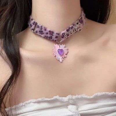 Plush Leopard Bone Necklace Choker Korean Kawaii Fashion Star Pendant Necklace Harajuku Sexy Accessories Women Y2K Jewelry Gift