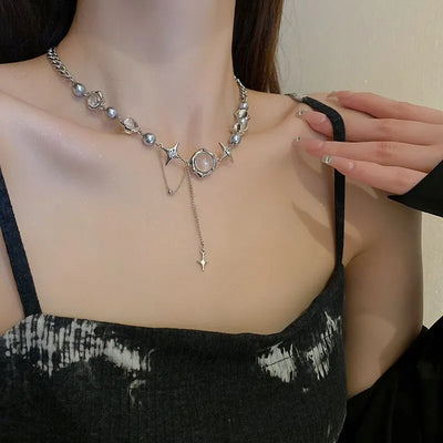 Women Thorn Desin Choker Necklace Fairy Glass Opal Necklace Collarbone Chain Necklace Elegant Silver-Color Party Choker
