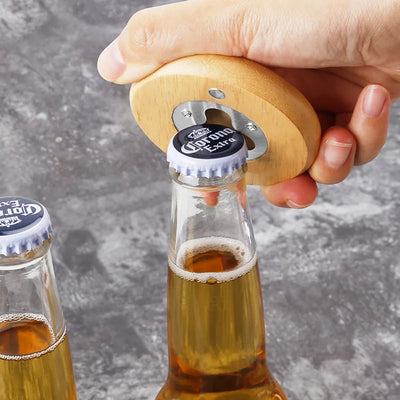 7cm Round Oak Wood Beer Bottle Opener with Magnetic Fridge Magnet, Personalised Logo for Promotion Wedding Gift