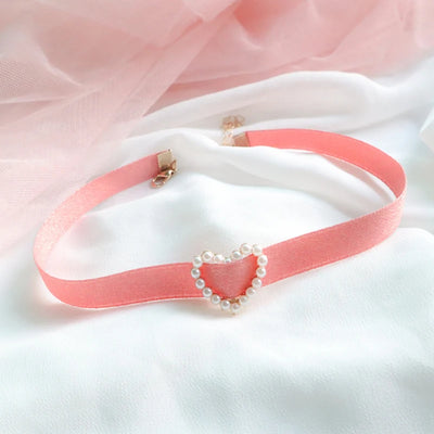 Fashion Choker Necklace For Women Lovely Pink Lace Pearl Heart Pendant Short Clavicle Necklace Aesthetic Jewelry Gift For Her