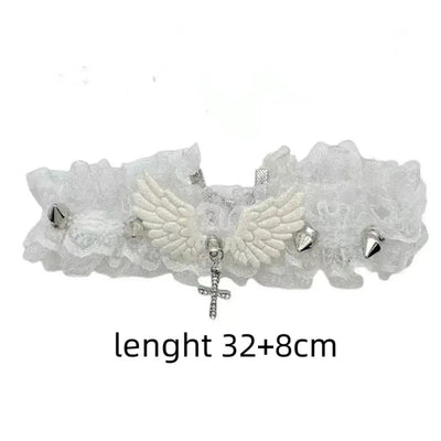 Lolita Solid Color Women's Necklace Angel Wings Wide Lace Lace Choker Cool Punk Style Leather Necklace Gift