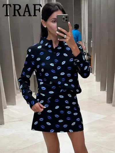 2024 Printed Women Mini Skirt Sets For Women 2 Pieces Long Sleeve Shirts Top Women Suits New Two Piece Set Women Outfit