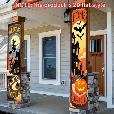 Two Halloween welcome signs - terrifying outdoor decorations featuring bats, witch hats and pumpkin lanterns