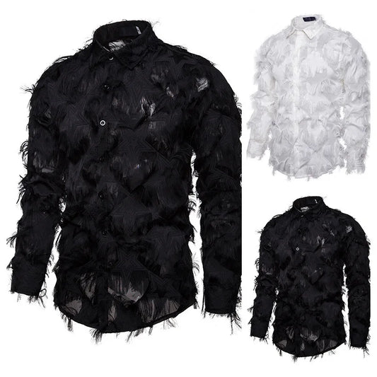 Shirts Men Party Feather Shirt Turn Down Collar Full Sleeve Single Breasted Splice Regular Solid Prom Tops Spring Summer
