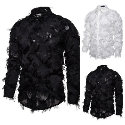 Shirts Men Party Feather Shirt Turn Down Collar Full Sleeve Single Breasted Splice Regular Solid Prom Tops Spring Summer