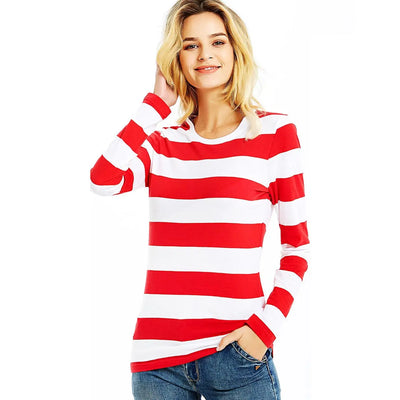 Red White Striped T Shirt for Women Round Neck Long Sleeve Tees for Women Colorful Stripes Summer Casual Autumn