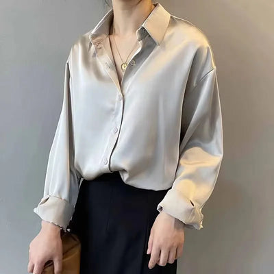 Women Shirt Turn-down Collar Solid Color Satin Blouses Fashion Autumn Office Lady Elegant Tops Spring Long Sleeve Clothing