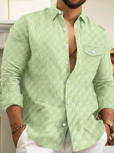 Shirt For Men High Quality Casual Comfort Checkered Chest Pocket Solid Color Lapel Button Long Sleeve Cardigan Tops