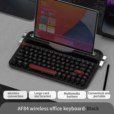 AJAZZ AF84 Wireless Bluetooth Keyboard 84 Keycaps Round Retro Keys Typewriter Office Keyboards W/ Bracket for IPad Membrane Use