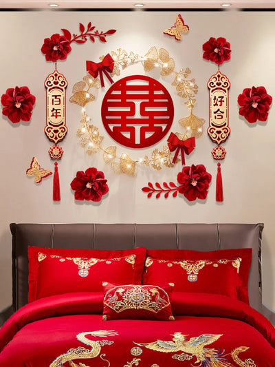 Chinese Happy Wedding Room Decor LED Shiny 3D Red Flower Bedroom TV Background Window Wall Engagement Party Decoration DIY