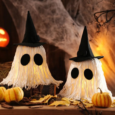 Luminous Halloween Hanging Ghost Light with Hat White Tassels Specter Ornaments DIY Expression LED Mop Head Desktop Decoration